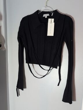 Something Navy - Black Long-Sleeve Cropped Cardigan with Tie Detail